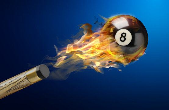 Cue and billiard ball with number 8 in fire flying on color background