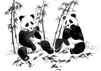 Watercolor illustration of panda with a branch of bamboo. Traditional chinese ink and wash painting...