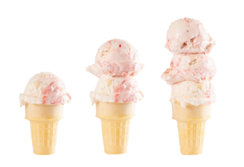 Small Medium and Large .Cones of Strawbery Flavored Ice Cream