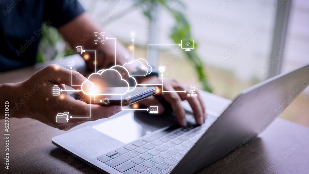 Poster businessman with cloud computing diagram show on hand. cloud technology. data storage. networking an
