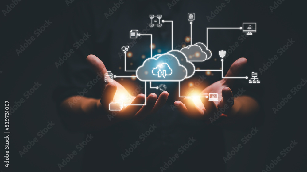 Poster businessman with cloud computing diagram show on hand. cloud technology. data storage. networking an