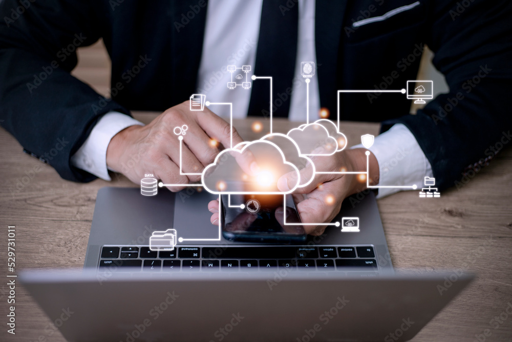 Poster businessman with cloud computing diagram show on hand. cloud technology. data storage. networking an