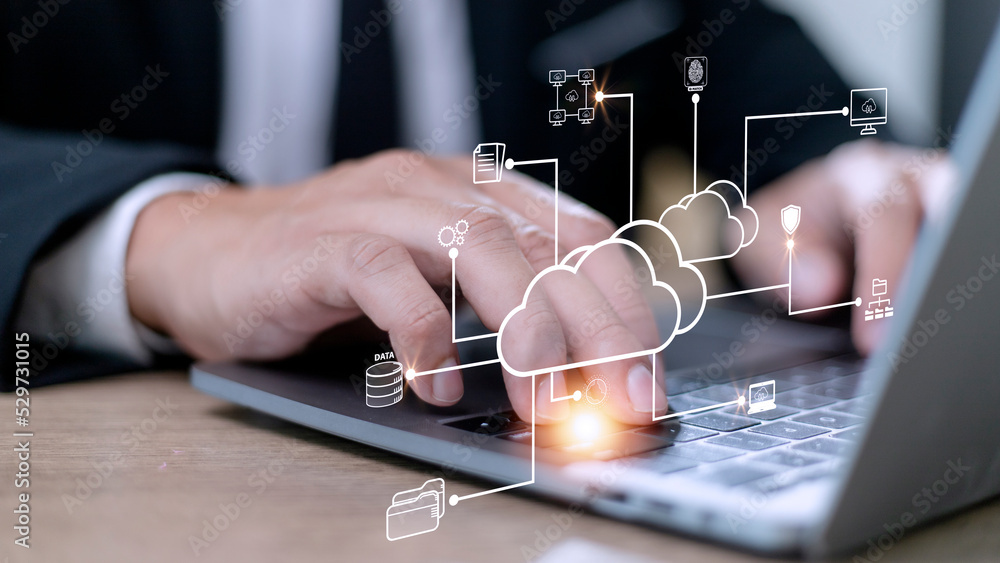 Poster businessman with cloud computing diagram show on hand. cloud technology. data storage. networking an