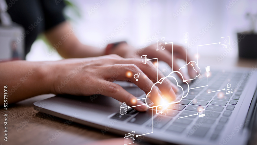 Poster woman use laptop with cloud computing diagram show on hand. cloud technology. data storage. networki