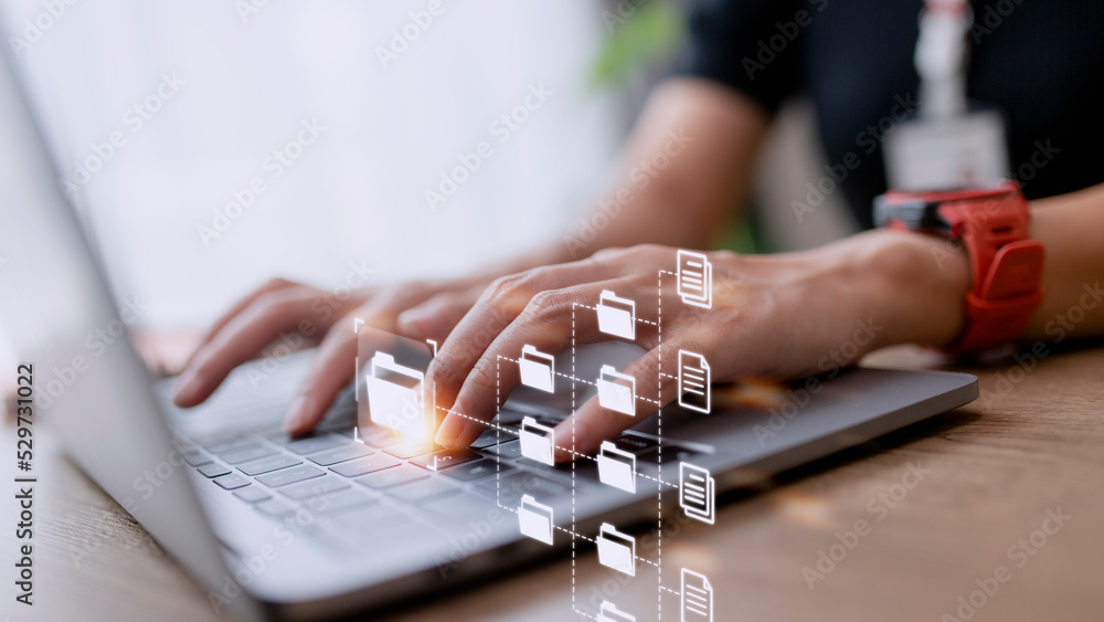 Poster entrepreneurs are managing data on their laptops.document management concept, online big data, docum