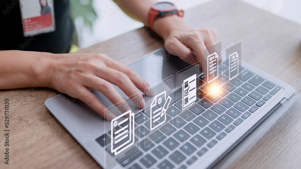 Poster concept of document management using symbols on a virtual screen, erp