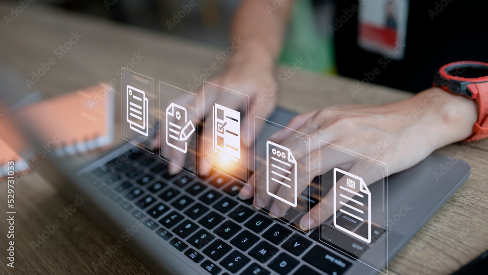 Poster concept of document management using symbols on a virtual screen, erp