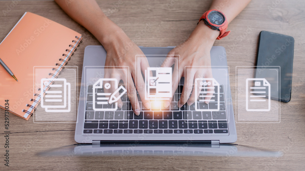 Poster concept of document management using symbols on a virtual screen, erp