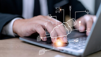 Businessman with cloud computing diagram show on hand. Cloud technology. Data storage. Networking...