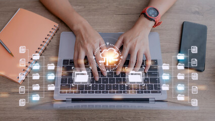 Entrepreneurs are managing data on their laptops.document management concept, online Big Data,...
