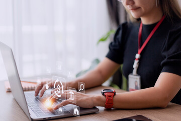 Working woman using a computer to Concept of fund financial investment management portfolio diversification