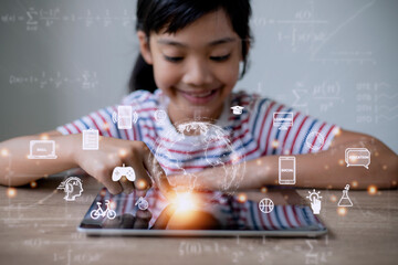 Asian little girl using tablet Education technology. EdTech.