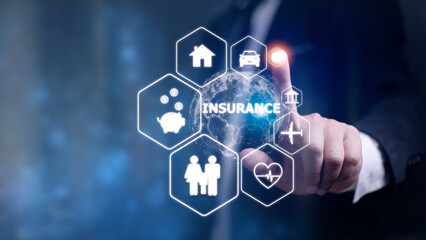 Online insurance on virtual screen. Life, car, property, health and family. Internet and digital technology concept.