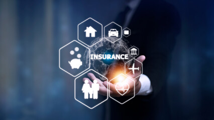 Online insurance on virtual screen. Life, car, property, health and family. Internet and digital...