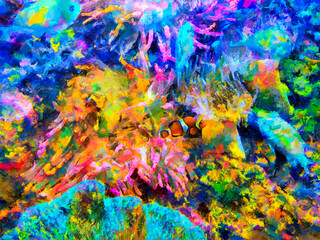Fototapeta na wymiar Pintura artística de acuario de peces de colores.