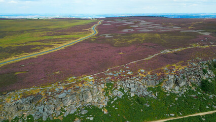 Beautiful heather in the Peak District National Park - aerial view - drone photography