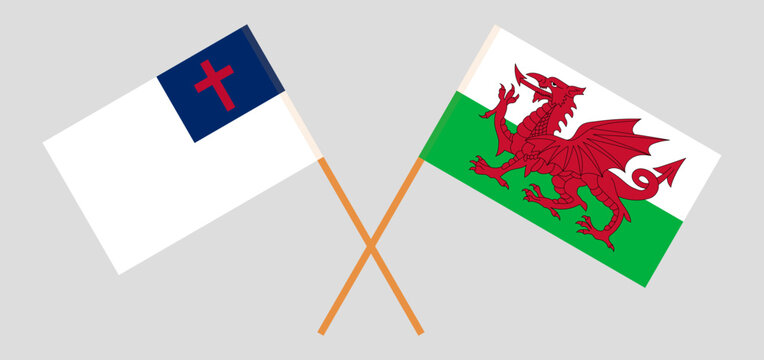 Crossed flags of christianity and Wales. Official colors. Correct proportion
