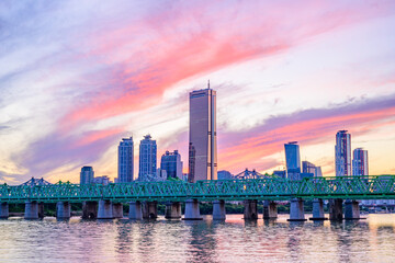 City night view of Yeouido, a landmark financial district in Seoul, Korea taken at night