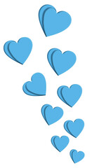 Blue hearts appear to be floating upward in this 3-d illustration background image that is on a transparent background.