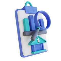 3D illustration magnifying glass and bank data analysis