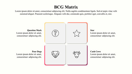 Infographic presentation template of BCG matrix with icons and copy space.