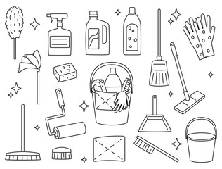 掃除道具のイラストセット 線画バージョン