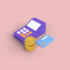 Financial icon concept. money management, financial planning, calculating financial risk, calculator with coins stack and graph on pink background. 3d render illustration