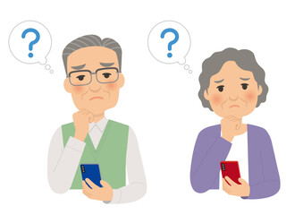 スマホを持ったシニアの疑問ポーズ