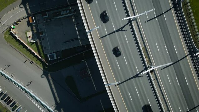 Saint Petersburg, Russia - 06.08.2022: Aerial view of the ZSD Highway and the Cable-stayed Bridge next to the Flagpole on the banks of the Neva