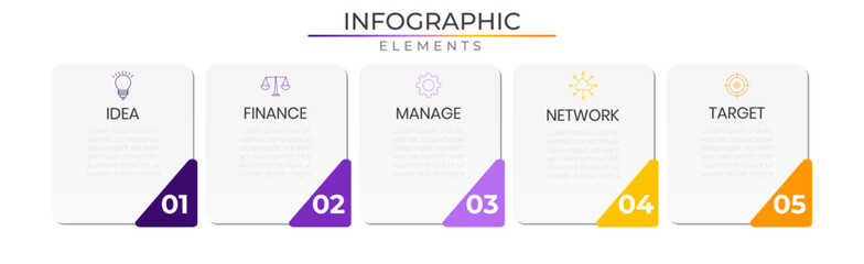 Five steps infographic elements concept design vector with icons. Business workflow network project template for presentation and report.