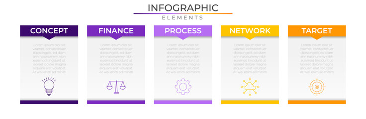 Rectangle infographic elements concept design vector with icons. Business workflow network project template for presentation and report.