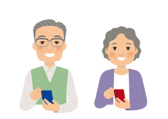 シニア笑顔のスマホ操作ポーズ