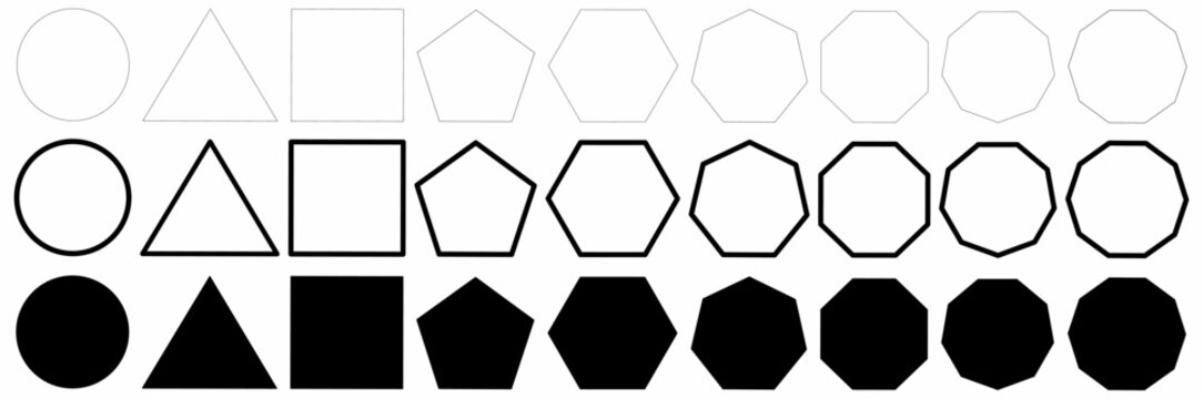 set of polygons shape.square,circle, triangle, quadrangle, pentagon, hexagon, heptagon, octagon, nonagon,decagon