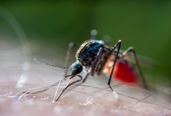 Macro shot of a mosquito while sucking Blood on blurred background