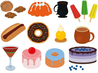 Collection of different types of foods and drinks for compositions and collages