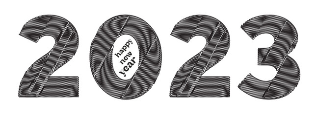 Happy New Year 2023 text design. Cover of business diary for 2023 with wishes. Brochure design template, card, banner. Vector illustration. Isolated on white background.