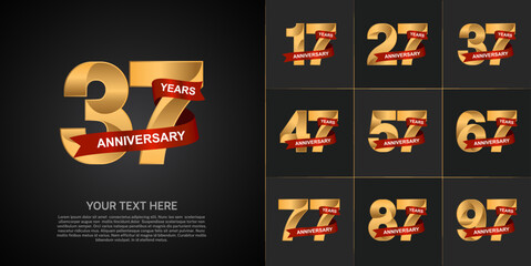 set of anniversary golden color and red ribbon can be use for celebration event