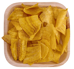 Crispy Banana Chips. Fried or baked sliced banana. Top view of typical traditional dish of Latin American gastronomy called Chifles or fried tostones. Roasted banana. Snack. © Octavio