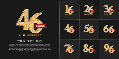 set of anniversary golden color and red ribbon can be use for celebration event