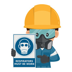 Industrial worker with a warning sign for the mandatory use of respirators. Respirators must be worn. Industrial safety and occupational health at work