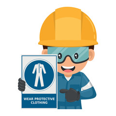 Industrial worker with safety suit mandatory use warning sign. Wear protective clothing. Industrial safety and occupational health at work