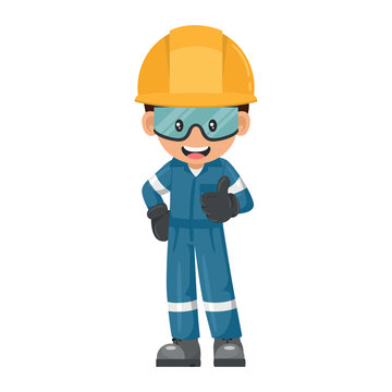 Industrial worker in blue industrial overalls with thumb up. Engineer with his personal protective equipment. Industrial safety and occupational health at work