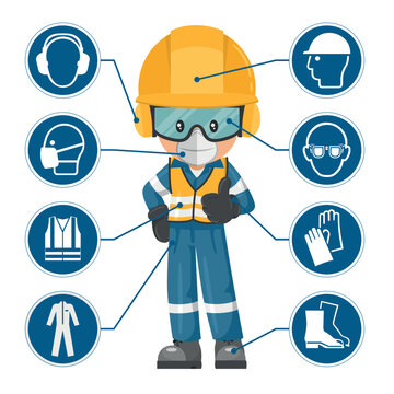 Industrial worker with personal protective equipment and icons, safety pictograms. Industrial safety and occupational health at work