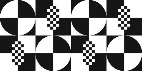 Checkered black and white surface of circles and small checkers. Abstract geometric checkered surface.