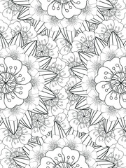 Doodle floral pattern in black and white. A page for coloring book: fascinating and relaxing job for children and adults. Zentangle drawing. Flower carpet in a magic garden