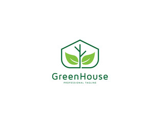 Green house logo with plant leaf illustration