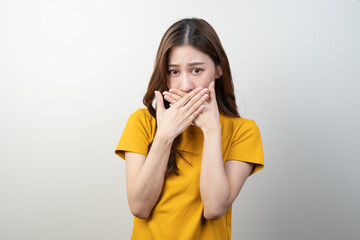 beauty woman checking oral smell isolated on background