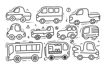 Hand-Drawn Illustration of Car Set with Doodle Style