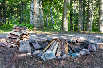 Campfire ring in wilderness campsite
