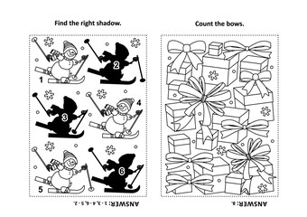 Two visual puzzles and coloring page for kids. Find the shadow for each picture of skiing sporty snowman. Count the bows. Black and white. Answers included.
